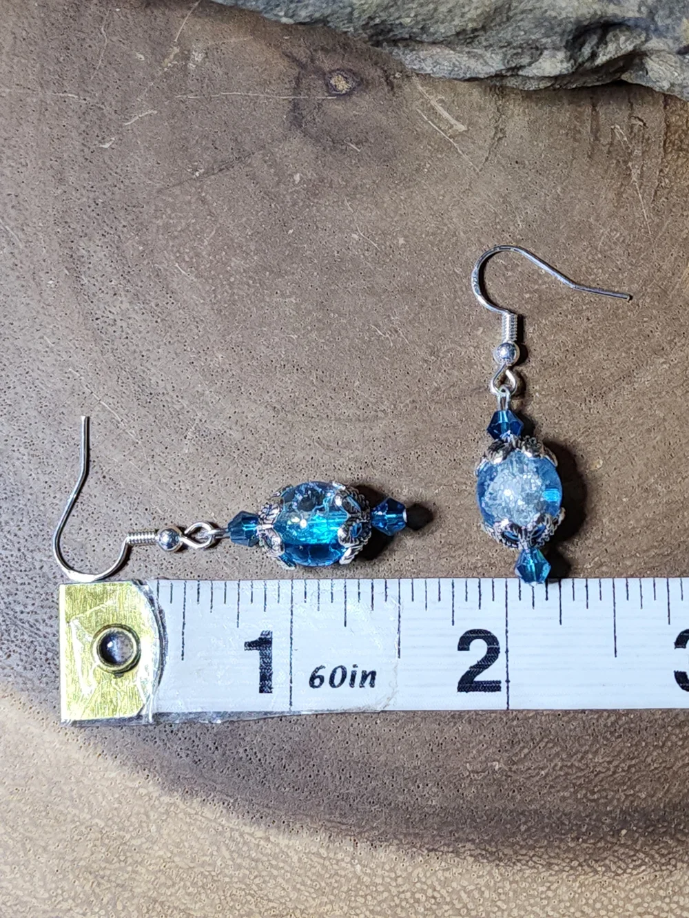 Hand Crafted Dangle Earrings With Crackled Blue & Clear Beads - Picture 9 of 9